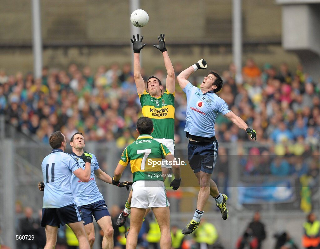 18 September 2011; Anthony Maher, Kerry, in action against Michael Darragh MacAuley, Dublin. GAA Football All-Ireland Senior Championship Final, Kerry v Dublin, Croke Park, Dublin. Photo by Sportsfile