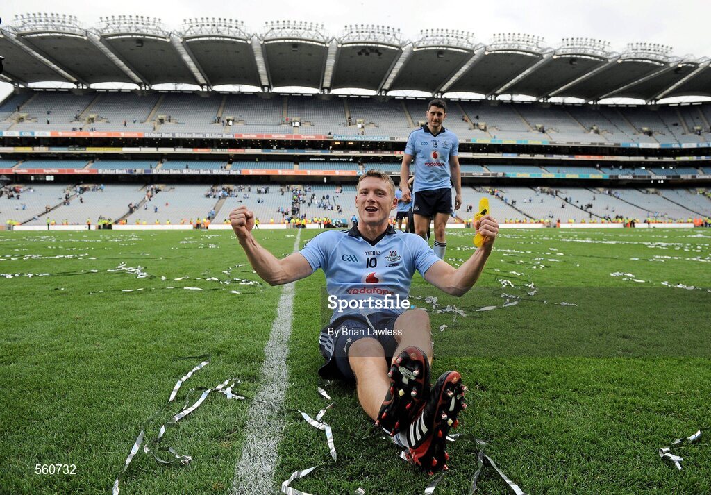 18 September 2011; Dublin's Paul Flynn celebrates after the match as team-mate Bernard Brogan makes his way from the pitch. GAA Football All-Ireland Senior Championship Final, Kerry v Dublin, Croke Park, Dublin. Picture credit: Brian Lawless / SPORTSFILE
