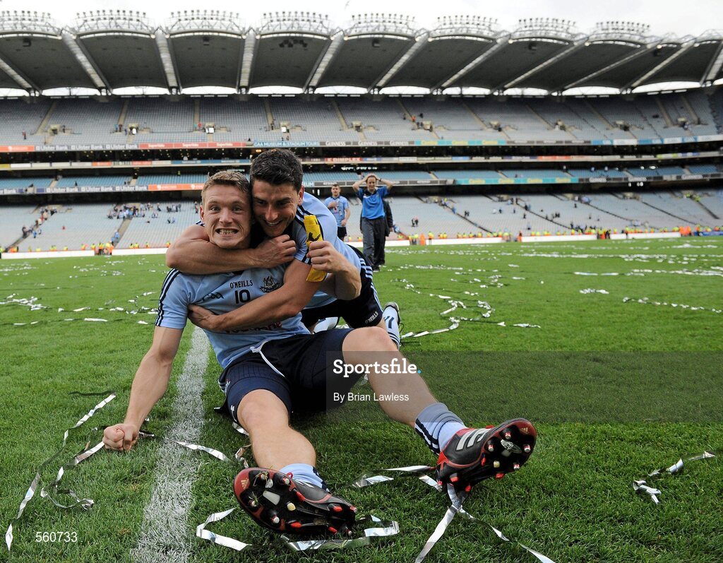 18 September 2011; Dublin's Paul Flynn celebrates with team-mate Bernard Brogan after the match. GAA Football All-Ireland Senior Championship Final, Kerry v Dublin, Croke Park, Dublin. Picture credit: Brian Lawless / SPORTSFILE