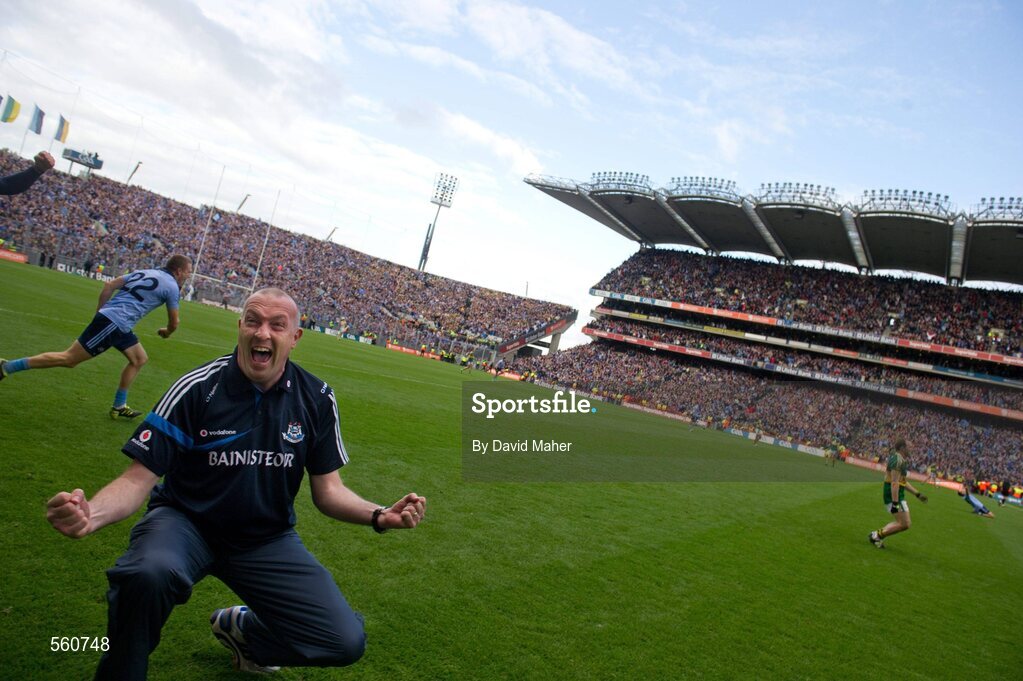 18 September 2011; Dublin manager Pat Gilroy celebrates at the end of the game. GAA Football All-Ireland Senior Championship Final, Kerry v Dublin, Croke Park, Dublin. Picture credit: David Maher / SPORTSFILE