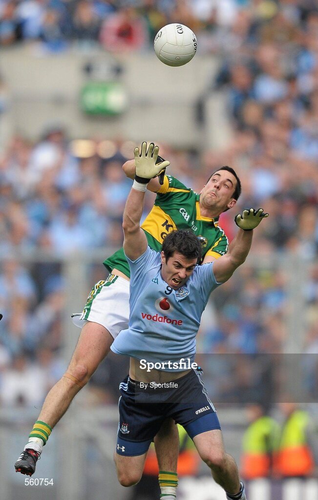 18 September 2011; Anthony Maher, Kerry, in action against Michael Darragh MacAuley, Dublin. GAA Football All-Ireland Senior Championship Final, Kerry v Dublin, Croke Park, Dublin. Photo by Sportsfile