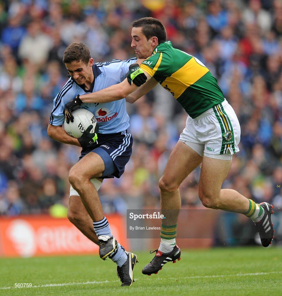 18 September 2011; James McCarthy, Dublin, in action against Anthony Maher, Kerry. GAA Football All-Ireland Senior Championship Final, Kerry v Dublin, Croke Park, Dublin. Picture credit: Brian Lawless / SPORTSFILE