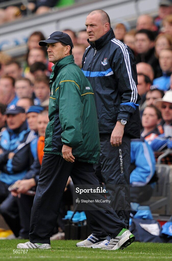 18 September 2011; Dublin manager Pat Gilroy and Kerry manager Jack O'Connor during the game. GAA Football All-Ireland Senior Championship Final, Kerry v Dublin, Croke Park, Dublin. Picture credit: Stephen McCarthy / SPORTSFILE