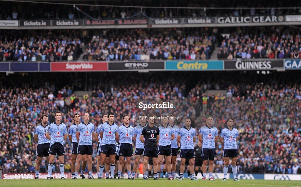18 September 2011; Dublin players during the National Anthem. GAA Football All-Ireland Senior Championship Final, Kerry v Dublin, Croke Park, Dublin. Picture credit: Stephen McCarthy / SPORTSFILE