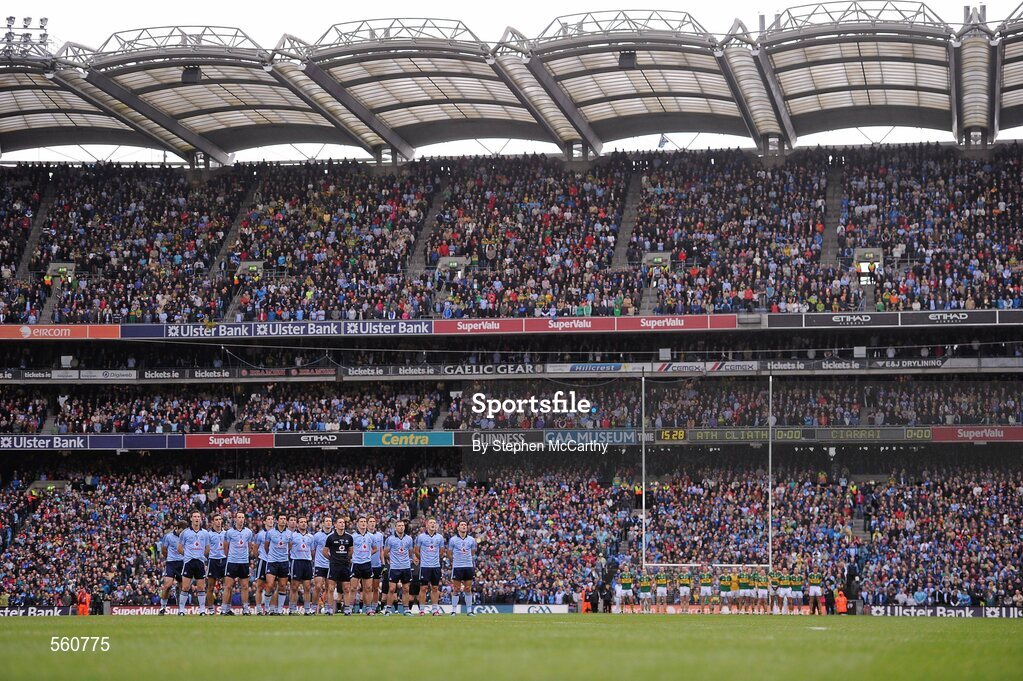 18 September 2011; Dublin and Kerry teams during the National Anthem. GAA Football All-Ireland Senior Championship Final, Kerry v Dublin, Croke Park, Dublin. Picture credit: Stephen McCarthy / SPORTSFILE