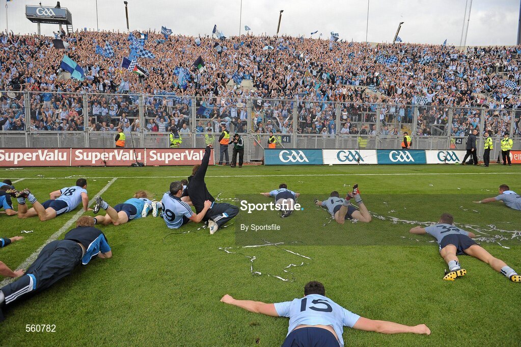 18 September 2011; The Dublin team celebrate in front of Hill 16. GAA Football All-Ireland Senior Championship Final, Kerry v Dublin, Croke Park, Dublin. Photo by Sportsfile