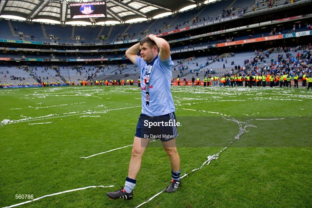18 September 2011; Dublin's Kevin McManamon is overcome with emotion after the match. GAA Football All-Ireland Senior Championship Final, Kerry v Dublin, Croke Park, Dublin. Picture credit: David Maher / SPORTSFILE
