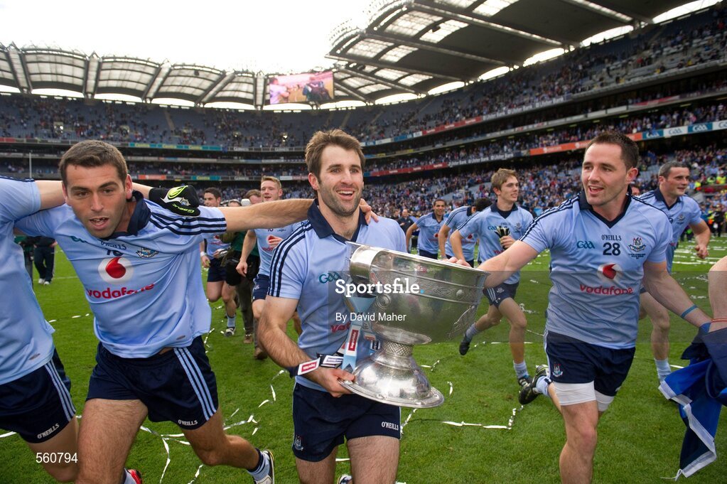 18 September 2011; Dublin captain Bryan Cullen, centre, celebrates with David Henry, left, and Declan Lally after the game. GAA Football All-Ireland Senior Championship Final, Kerry v Dublin, Croke Park, Dublin. Picture credit: David Maher / SPORTSFILE