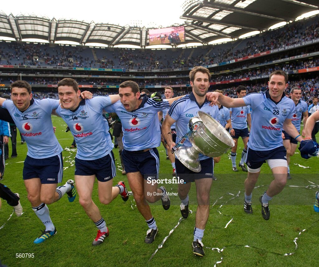 18 September 2011; Dublin players left to right, Bernard Brogan, Diarmuid Connolly, David Henry, Bryan Cullen and Declan Lally celebrate with the Sam Maguire cup after the game. GAA Football All-Ireland Senior Championship Final, Kerry v Dublin, Croke Park, Dublin. Picture credit: David Maher / SPORTSFILE