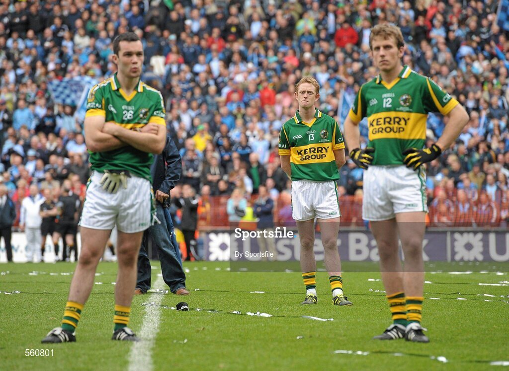 18 September 2011; Dejected Kerry captain Colm Cooper, centre, with Brian McGuire, left, and Donnchadh Walsh, right, after the game. GAA Football All-Ireland Senior Championship Final, Kerry v Dublin, Croke Park, Dublin. Photo by Sportsfile