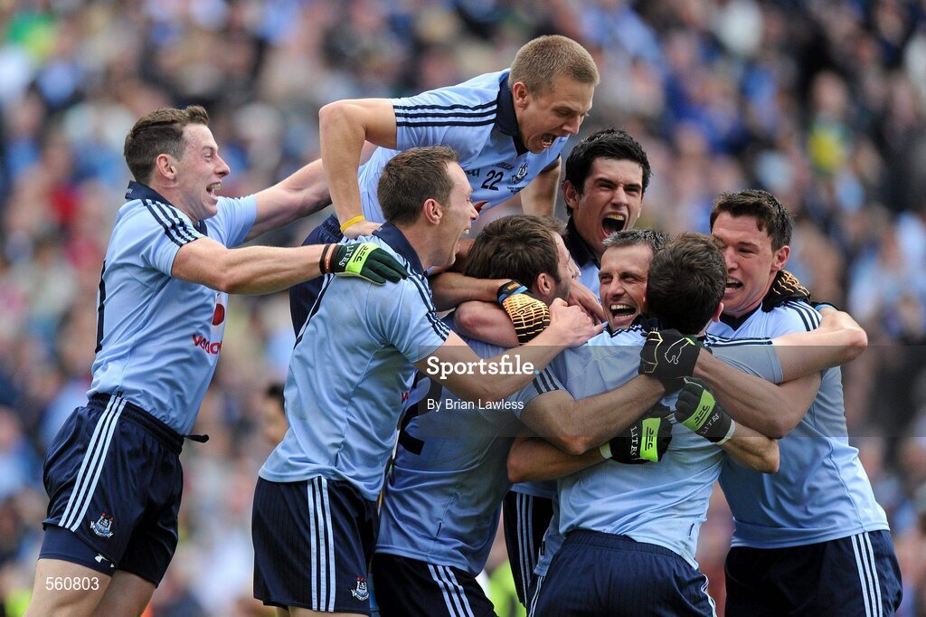 18 September 2011; Dublin players, from left, Philip McMahon, Barry Cahill, Tomas Quinn, Bryan Cullen, Cian O'Sullivan, Alan Brogan, Ger Brennan, and Éamon Fennell, celebrate after the match. GAA Football All-Ireland Senior Championship Final, Kerry v Dublin, Croke Park, Dublin. Picture credit: Brian Lawless / SPORTSFILE