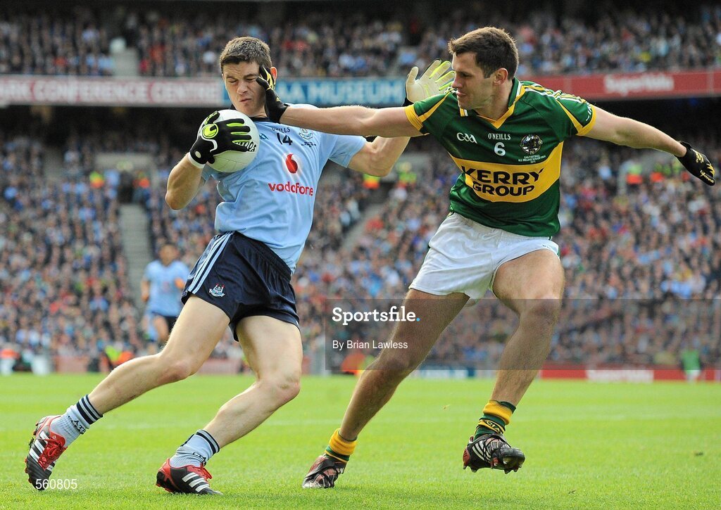 18 September 2011; Diarmuid Connolly, Dublin, in action against Eoin Brosnan, Kerry. GAA Football All-Ireland Senior Championship Final, Kerry v Dublin, Croke Park, Dublin. Picture credit: Brian Lawless / SPORTSFILE
