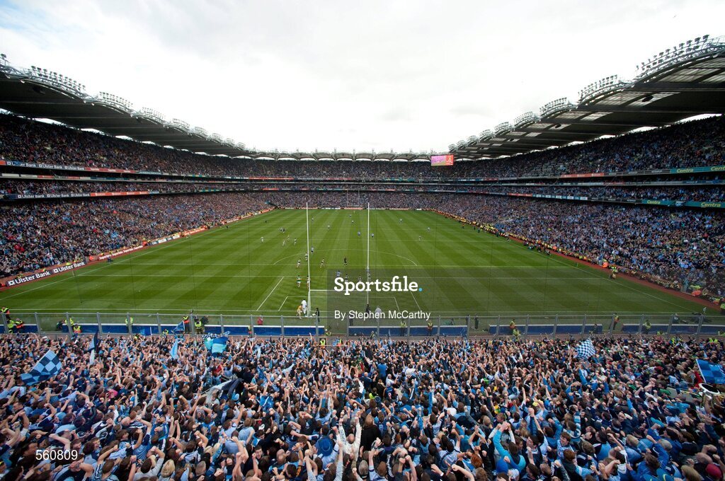 18 September 2011; Dublin supporters on Hill 16 celebrate after Stephen Cluxton scored his side's winning point from a free during the GAA Football All-Ireland Senior Championship Final, Kerry and Dublin at Croke Park in Dublin. Photo by Stephen McCarthy/Sportsfile
