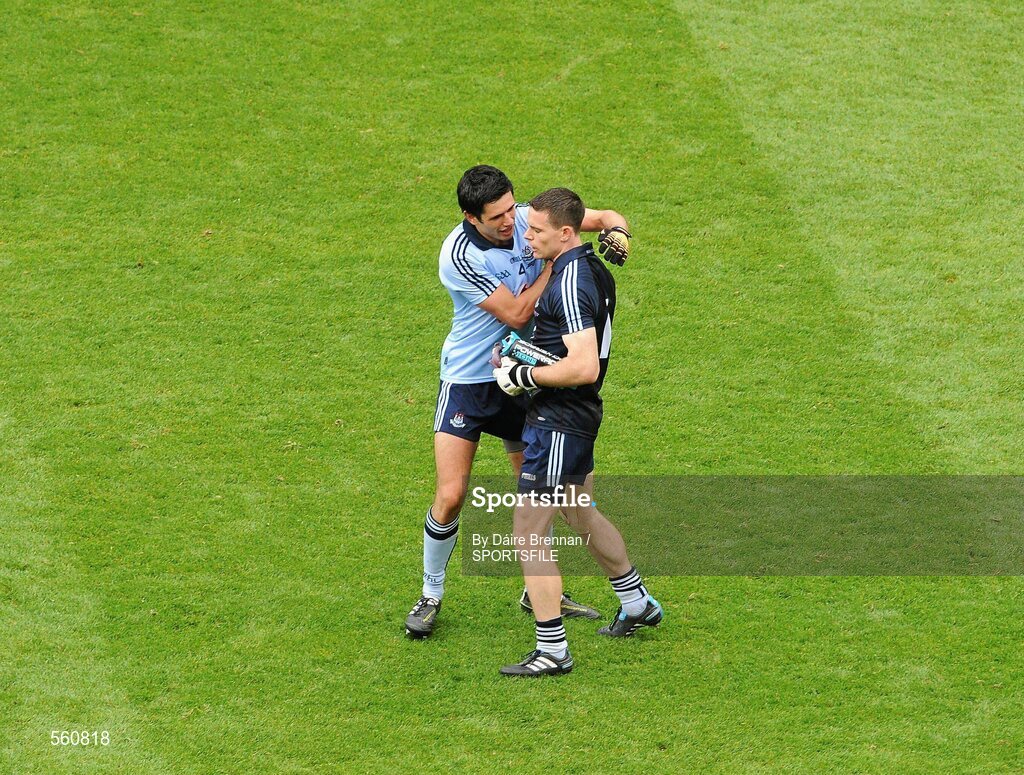 18 September 2011; Cian O'Sullivan, left, Dublin, celebrates with Stephen Cluxton after the game. GAA Football All-Ireland Senior Championship Final, Kerry v Dublin, Croke Park, Dublin. Picture credit: Dáire Brennan / SPORTSFILE