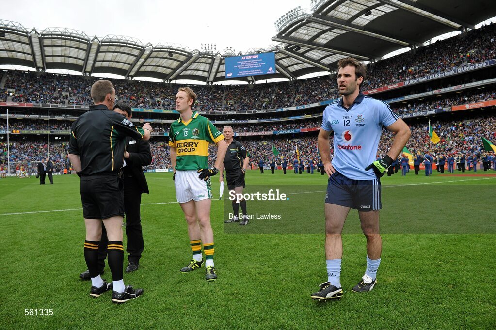 18 September 2011; Dublin captain Bryan Cullen and Kerry captain Colm Cooper await the coin toss. GAA Football All-Ireland Senior Championship Final, Kerry v Dublin, Croke Park, Dublin. Picture credit: Brian Lawless / SPORTSFILE