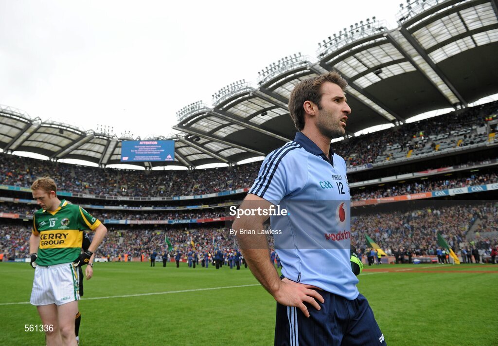 18 September 2011; Dublin captain Bryan Cullen and Kerry captain Colm Cooper await the coin toss. GAA Football All-Ireland Senior Championship Final, Kerry v Dublin, Croke Park, Dublin. Picture credit: Brian Lawless / SPORTSFILE