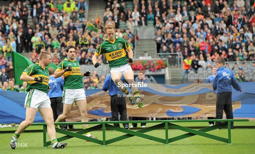 18 September 2011; Kerry players, from left, Tomas O Se, Bryan Sheehan, and Colm Cooper, arrive for the team photograph. GAA Football All-Ireland Senior Championship Final, Kerry v Dublin, Croke Park, Dublin. Picture credit: Brian Lawless / SPORTSFILE