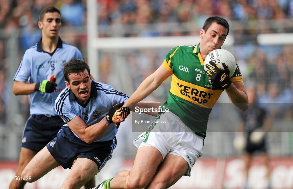 18 September 2011; Anthony Maher, Kerry, in action against Ger Brennan, Dublin. GAA Football All-Ireland Senior Championship Final, Kerry v Dublin, Croke Park, Dublin. Picture credit: Brian Lawless / SPORTSFILE