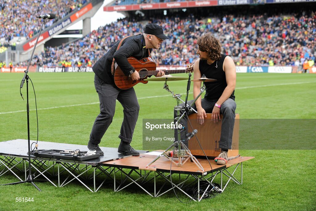 18 September 2011; Musician Ryan Sheridan and percussionist Artur Graczyk perform during half-time. GAA Football All-Ireland Senior Championship Final, Kerry v Dublin, Croke Park, Dublin. Picture credit: Barry Cregg / SPORTSFILE