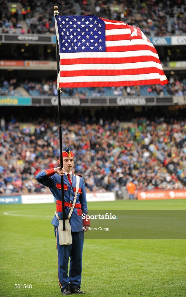 18 September 2011; A general view of a member of the Artane School of Music band, holds the American flag, as the New York Fire Department are presented to the crowd at half-time. GAA Football All-Ireland Senior Championship Final, Kerry v Dublin, Croke Park, Dublin. Picture credit: Barry Cregg / SPORTSFILE