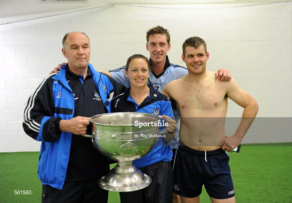 18 September 2011; Dublin selector David Hickey, Performance coach Caroline Currid, Kevin Nolan, and Kevin McManamon, with the Sam Maguire cup. GAA Football All-Ireland Senior Championship Final, Kerry v Dublin, Croke Park, Dublin. Picture credit: Ray McManus / SPORTSFILE