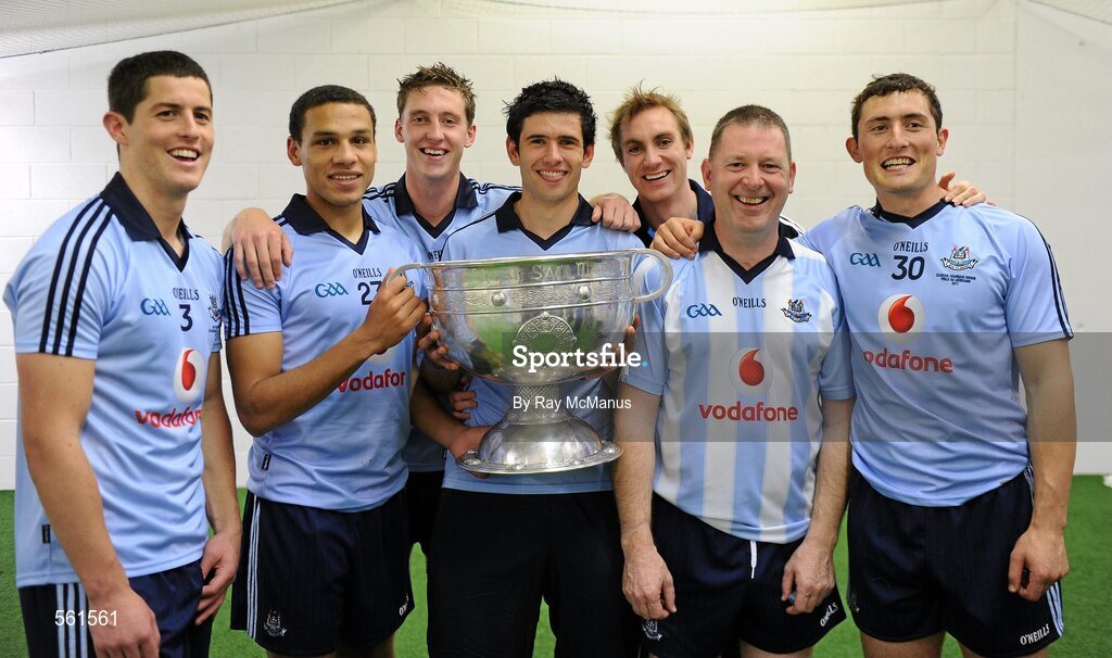 18 September 2011; Members of the Dublin setup from the Kilmacud Crokes GAA Club, left to right, Rory O'Carroll, Craig Dias, Kevin Nolan, Cian O'Sullivan, Paul Griffin, Paddy O'Donoghue, and Ross O'Carroll, with the Sam Maguire Cup. GAA Football All-Ireland Senior Championship Final, Kerry v Dublin, Croke Park, Dublin. Picture credit: Ray McManus / SPORTSFILE