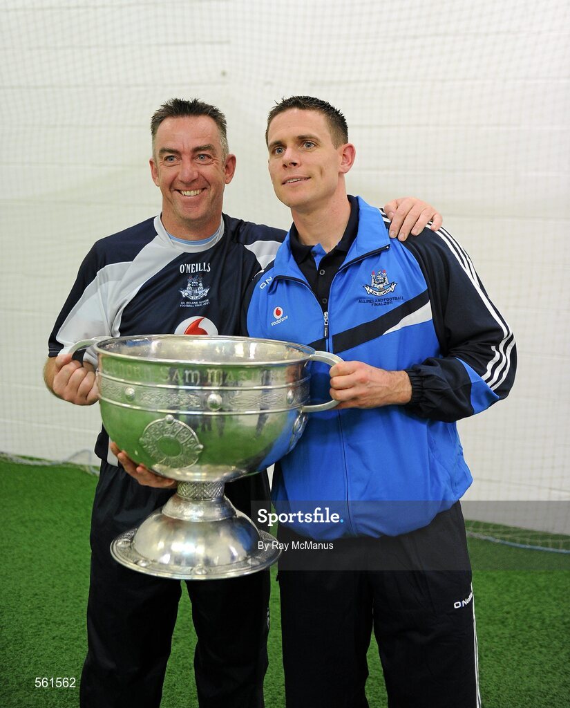 18 September 2011; The Dublin goalkeeper Stephen Cluxton with the goalkeeping coach Gary Matthews and the Sam Maguire Cup. GAA Football All-Ireland Senior Championship Final, Kerry v Dublin, Croke Park, Dublin. Picture credit: Ray McManus / SPORTSFILE