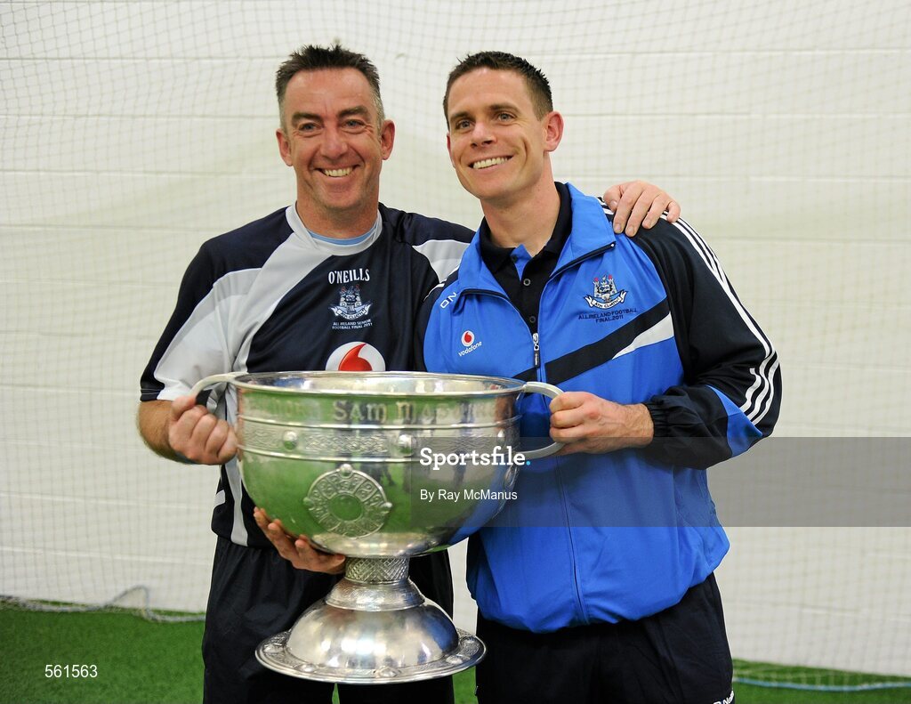 18 September 2011; The Dublin goalkeeper Stephen Cluxton with the goalkeeping coach Gary Matthews and the Sam Maguire Cup. GAA Football All-Ireland Senior Championship Final, Kerry v Dublin, Croke Park, Dublin. Picture credit: Ray McManus / SPORTSFILE