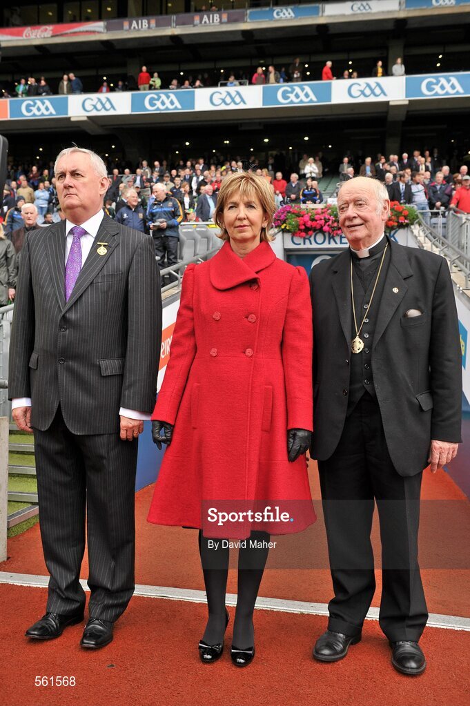 18 September 2011; Dr. Dermot Clifford, Archbishop of Cashel and Emly, and patron of the GAA, with Uachtarán Chumann Lúthchleas Gael Criostóir Ó Cuana and his wife Anne. GAA Football All-Ireland Senior Championship Final, Kerry v Dublin, Croke Park, Dublin. Picture credit: David Maher / SPORTSFILE