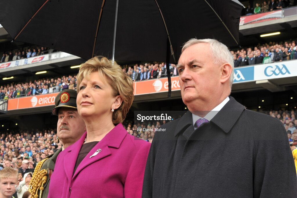 18 September 2011; The President of Ireland Mary McAleese and  Uachtarán CLG Criostóir Ó Cuana before the start of the  game. GAA Football All-Ireland Senior Championship Final, Kerry v Dublin, Croke Park, Dublin. Picture credit: David Maher / SPORTSFILE