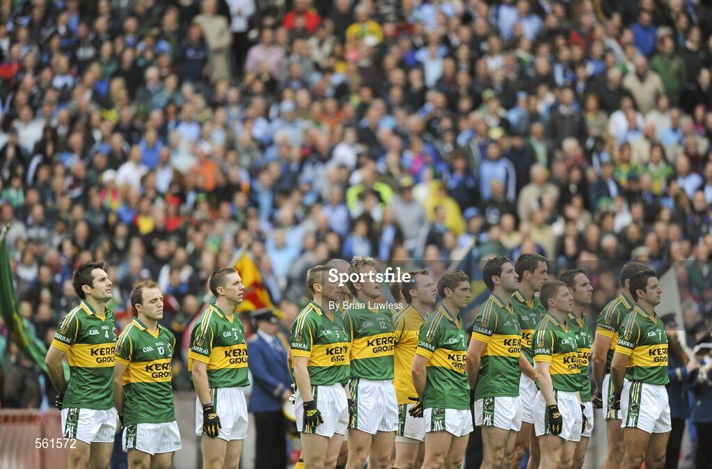 18 September 2011; The Kerry players stand for the National Anthem before the match. GAA Football All-Ireland Senior Championship Final, Kerry v Dublin, Croke Park, Dublin. Picture credit: Brian Lawless / SPORTSFILE