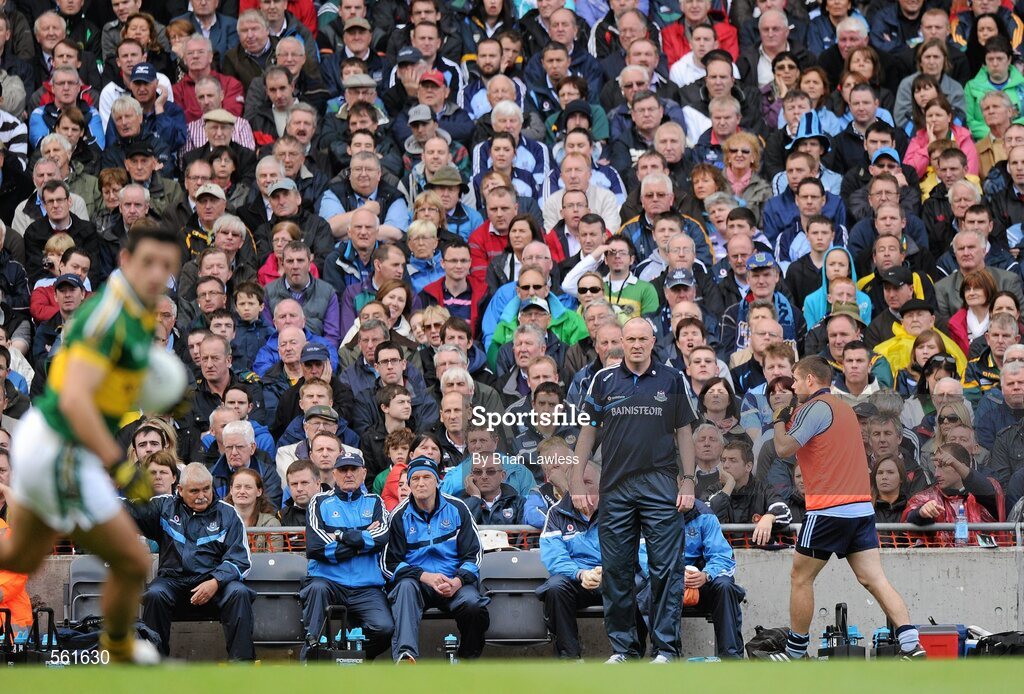 18 September 2011; Dublin manager Pat Gilroy watches the match as Dublin's Kevin McManamon prepares to come on as a substitute. GAA Football All-Ireland Senior Championship Final, Kerry v Dublin, Croke Park, Dublin. Picture credit: Brian Lawless / SPORTSFILE