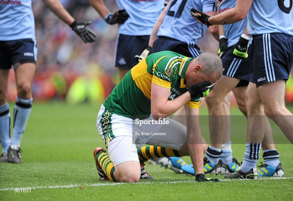18 September 2011; Kerry's Kieran Donaghy holds his face after a challenge. GAA Football All-Ireland Senior Championship Final, Kerry v Dublin, Croke Park, Dublin. Picture credit: Brian Lawless / SPORTSFILE