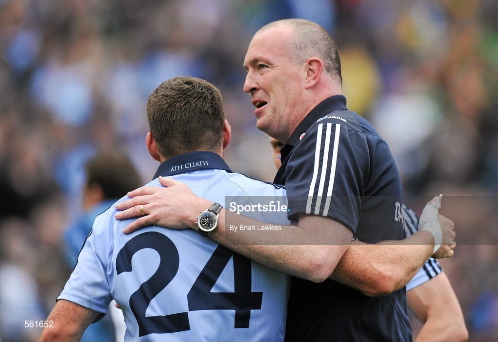 18 September 2011; Dublin manager Pat Gilroy with Kevin McManamon after the match. GAA Football All-Ireland Senior Championship Final, Kerry v Dublin, Croke Park, Dublin. Picture credit: Brian Lawless / SPORTSFILE