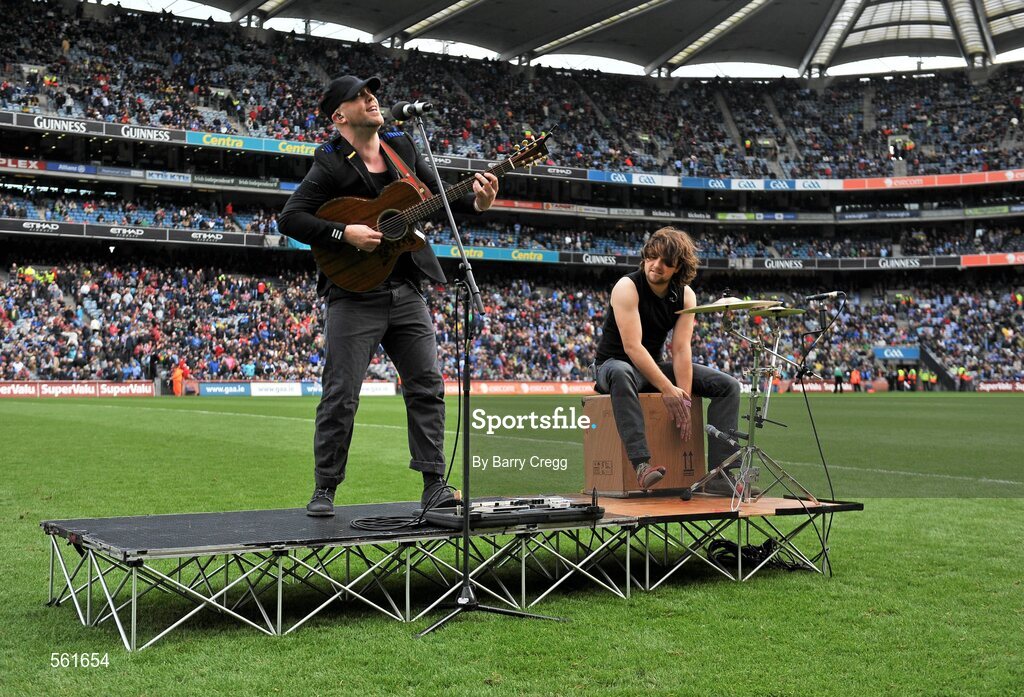 18 September 2011; Musician Ryan Sheridan and percussionist Artur Graczyk performe during half-time. GAA Football All-Ireland Senior Championship Final, Kerry v Dublin, Croke Park, Dublin. Picture credit: Barry Cregg / SPORTSFILE