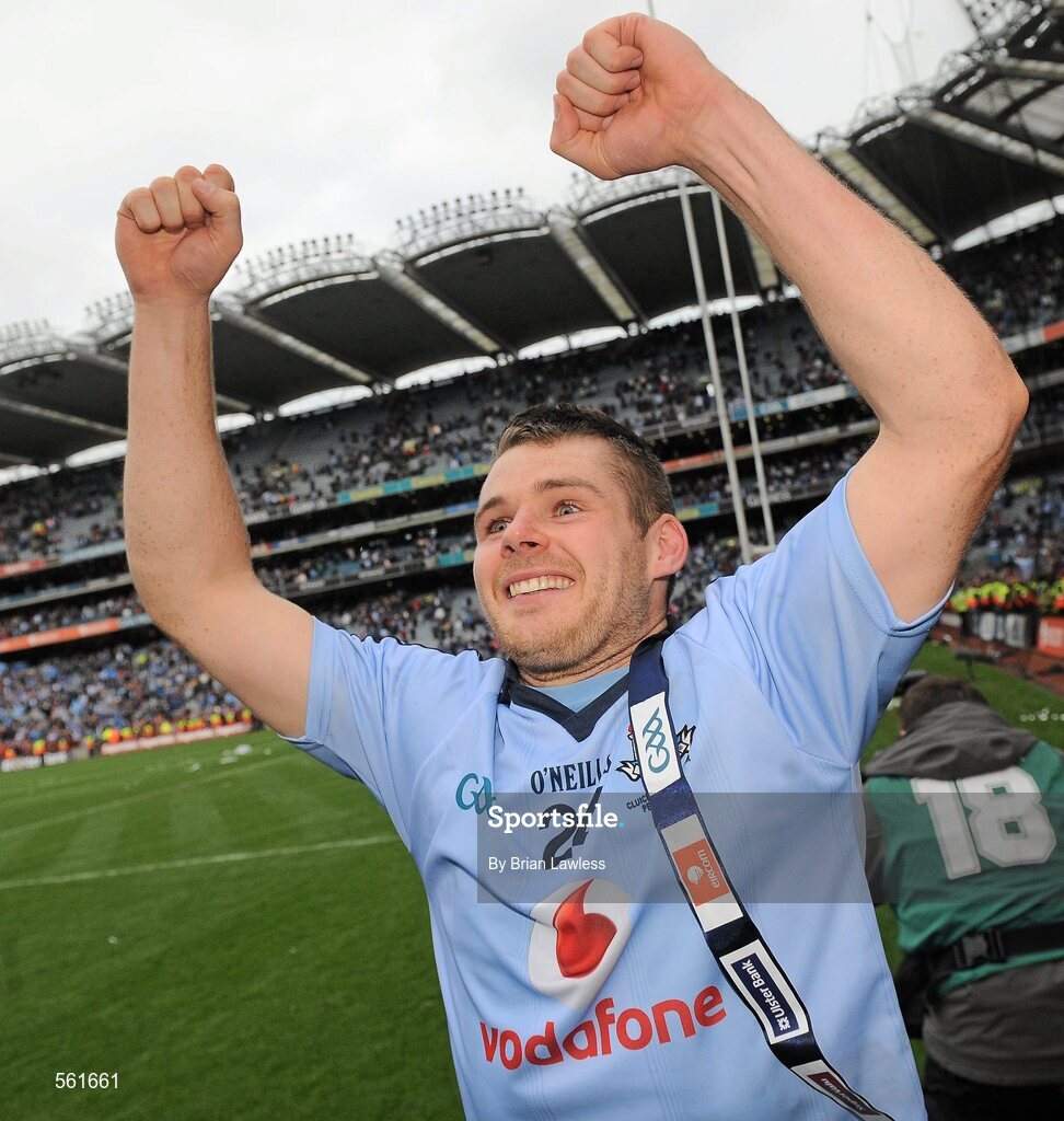 18 September 2011; Dublin's Kevin McManamon celebrates after the match. GAA Football All-Ireland Senior Championship Final, Kerry v Dublin, Croke Park, Dublin. Picture credit: Brian Lawless / SPORTSFILE