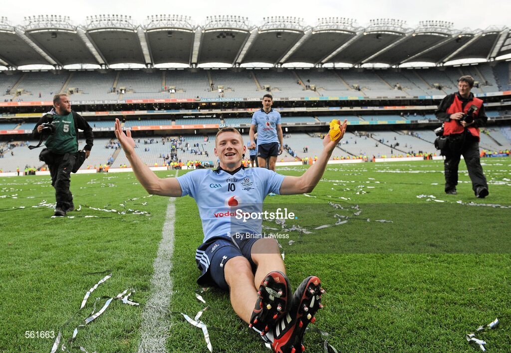 18 September 2011; Dublin's Paul Flynn celebrates after the match as team-mate Bernard Brogan makes his way from the pitch. GAA Football All-Ireland Senior Championship Final, Kerry v Dublin, Croke Park, Dublin. Picture credit: Brian Lawless / SPORTSFILE