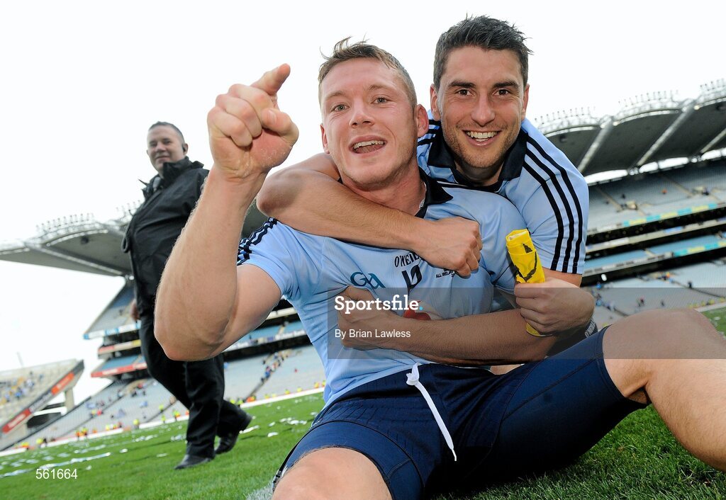 18 September 2011; Dublin's Paul Flynn celebrates with team-mate Bernard Brogan after the match. GAA Football All-Ireland Senior Championship Final, Kerry v Dublin, Croke Park, Dublin. Picture credit: Brian Lawless / SPORTSFILE