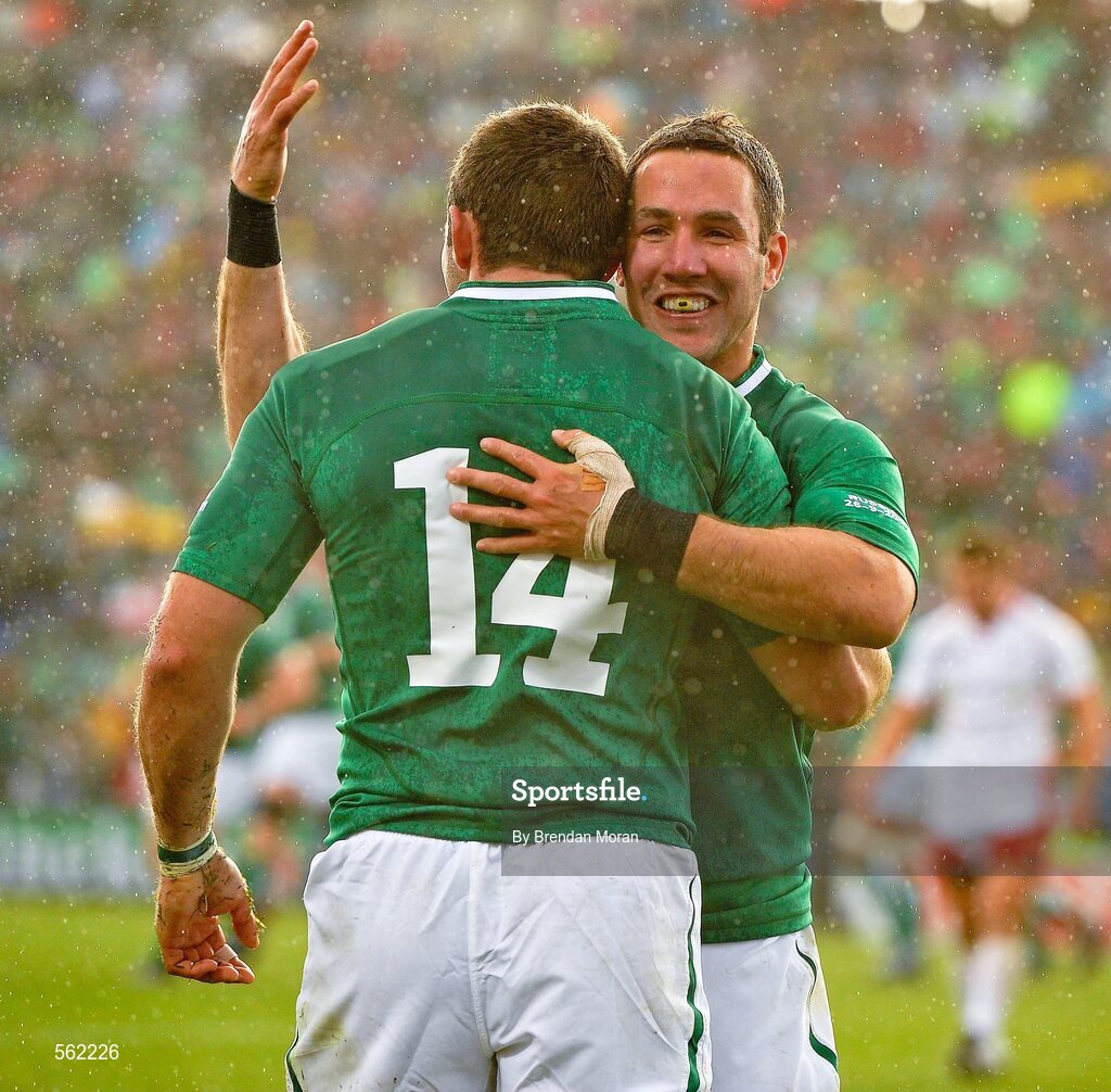 25 September 2011; Paddy Wallace congratulates team-mate Fergus McFadden, 14, on scoring Ireland's first try. 2011 Rugby World Cup, Pool C, Ireland v Russia, Rotorua International Stadium, Rotorua, New Zealand. Picture credit: Brendan Moran / SPORTSFILE