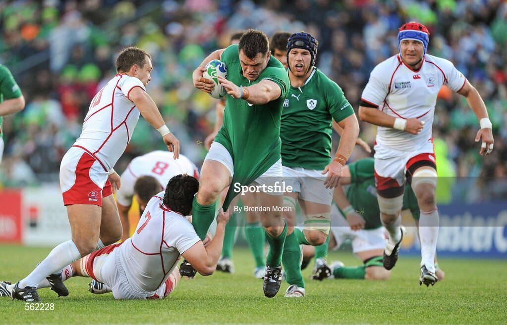 25 September 2011; Cian Healy, Ireland, is tackled by Andrey Garbuzov, Russia. 2011 Rugby World Cup, Pool C, Ireland v Russia, Rotorua International Stadium, Rotorua, New Zealand. Picture credit: Brendan Moran / SPORTSFILE