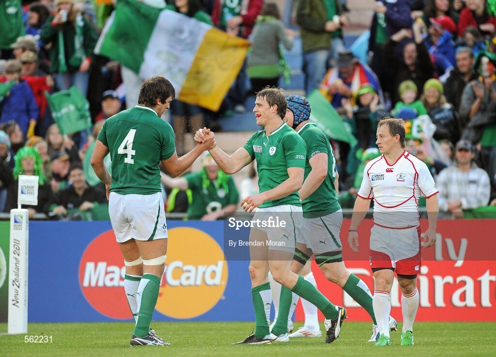 25 September 2011; Ireland's Andrew Trimble is congratulated on scoring his side's fifth try by team-mate Donncha O'Callaghan, left. 2011 Rugby World Cup, Pool C, Ireland v Russia, Rotorua International Stadium, Rotorua, New Zealand. Picture credit: Brendan Moran / SPORTSFILE