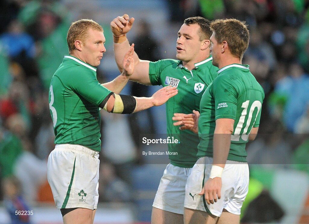 25 September 2011; Keith Earls, Ireland, is congratulated by team-mates Cian Healy, centre, and Rona O'Gara, right, after scoring his second, and their side's sixth, try. 2011 Rugby World Cup, Pool C, Ireland v Russia, Rotorua International Stadium, Rotorua, New Zealand. Picture credit: Brendan Moran / SPORTSFILE