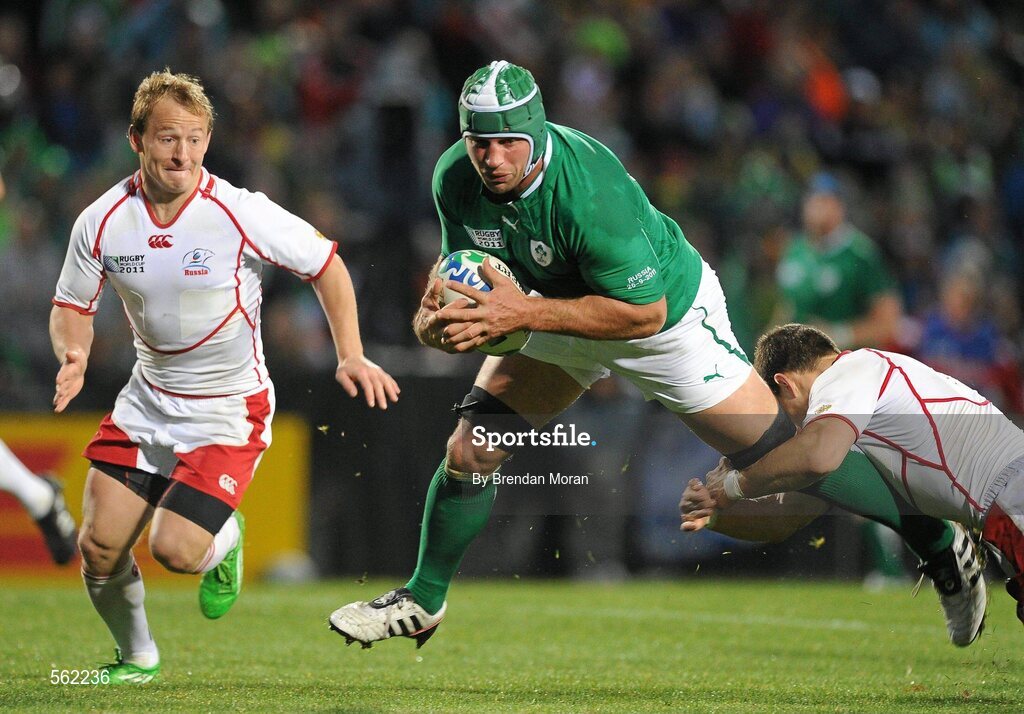 25 September 2011; Denis Leamy, Ireland, is tackled by Vasily Artemyev, Russia. 2011 Rugby World Cup, Pool C, Ireland v Russia, Rotorua International Stadium, Rotorua, New Zealand. Picture credit: Brendan Moran / SPORTSFILE