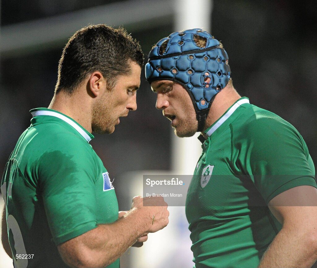 25 September 2011; Rob Kearney, Ireland, celebrates with team-mate Jamie Heaslip after scoring his side's seventh try. 2011 Rugby World Cup, Pool C, Ireland v Russia, Rotorua International Stadium, Rotorua, New Zealand. Picture credit: Brendan Moran / SPORTSFILE