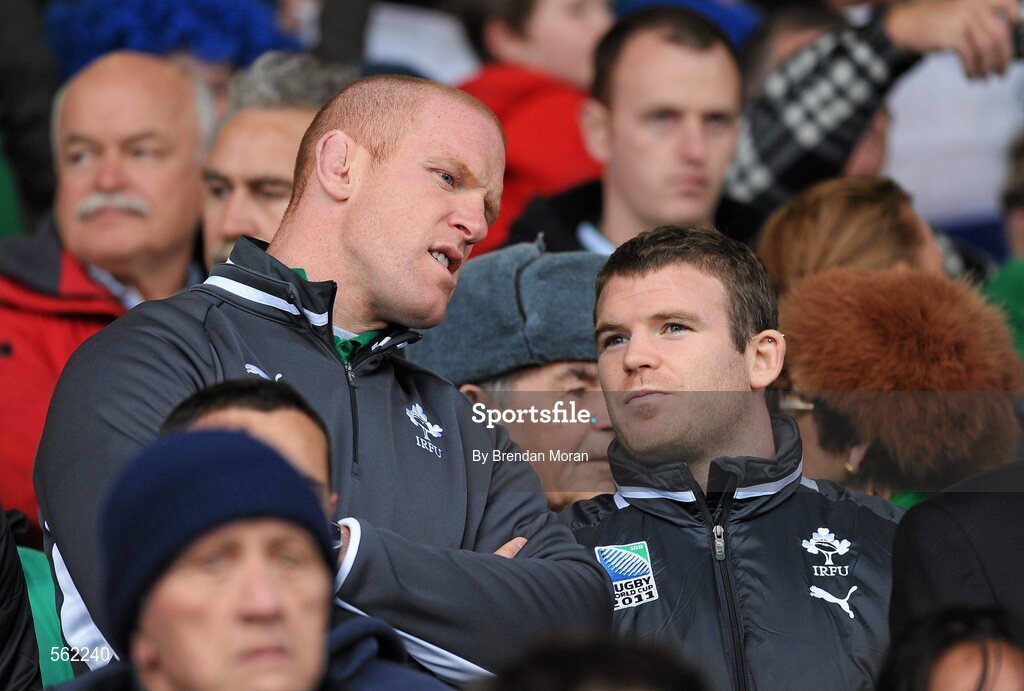25 September 2011; Ireland's Paul O'Connell and Gordon D'Arcy in conversation before the game. 2011 Rugby World Cup, Pool C, Ireland v Russia, Rotorua International Stadium, Rotorua, New Zealand. Picture credit: Brendan Moran / SPORTSFILE