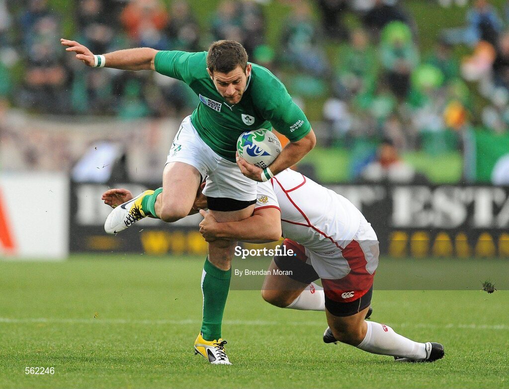 25 September 2011; Fergus McFadden, Ireland, is tackled by Victor Gresev, Russia. 2011 Rugby World Cup, Pool C, Ireland v Russia, Rotorua International Stadium, Rotorua, New Zealand. Picture credit: Brendan Moran / SPORTSFILE