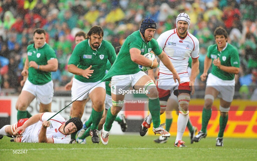 25 September 2011; Sean O'Brien, Ireland, has his shirt pulled by Andrey Garbuzov, Russia, as he goes on a run with the ball. 2011 Rugby World Cup, Pool C, Ireland v Russia, Rotorua International Stadium, Rotorua, New Zealand. Picture credit: Brendan Moran / SPORTSFILE