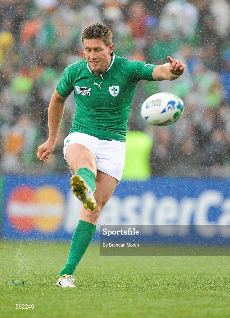 25 September 2011; Ireland out-half Ronan O'Gara kicks a penalty. 2011 Rugby World Cup, Pool C, Ireland v Russia, Rotorua International Stadium, Rotorua, New Zealand. Picture credit: Brendan Moran / SPORTSFILE