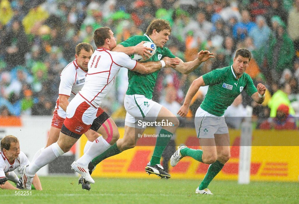 25 September 2011; Andrew Trimble, Ireland, is tackled by Vladimir Ostroushko, Russia. 2011 Rugby World Cup, Pool C, Ireland v Russia, Rotorua International Stadium, Rotorua, New Zealand. Picture credit: Brendan Moran / SPORTSFILE