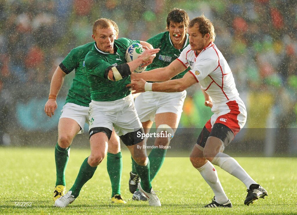 25 September 2011; Keith Earls, Ireland, breaks through the tackle of Andrey Kuzin, Russia. 2011 Rugby World Cup, Pool C, Ireland v Russia, Rotorua International Stadium, Rotorua, New Zealand. Picture credit: Brendan Moran / SPORTSFILE